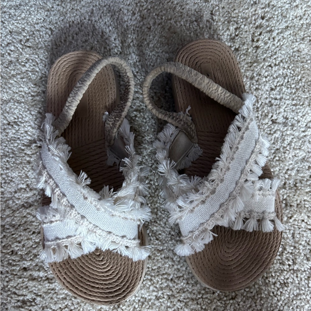 Fringe Strap Sandals - Cream and Tan